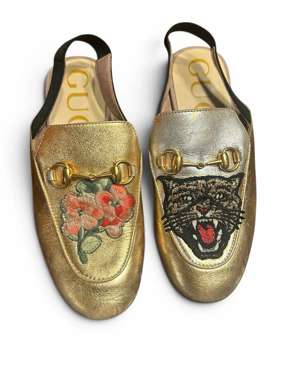 Gucci Girls Princeton Gold Leather Slingback Mules with Mismatched Motifs